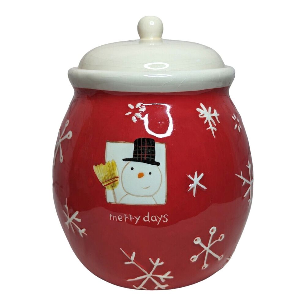 Hallmark Cookie Jar Canister Merry Days Snowman Snowflakes Red White‎ Holiday